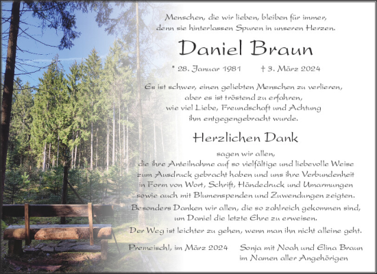 Traueranzeige von Daniel Braun von Mittelbayerische Zeitung Schwandorf