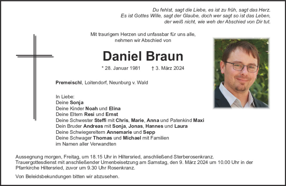  Traueranzeige für Daniel Braun vom 07.03.2024 aus Mittelbayerische Zeitung Schwandorf