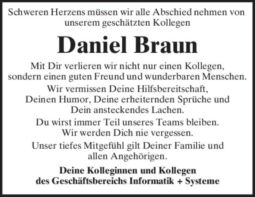  Traueranzeige für Daniel Braun vom 09.03.2024 aus Bayerwald Echo