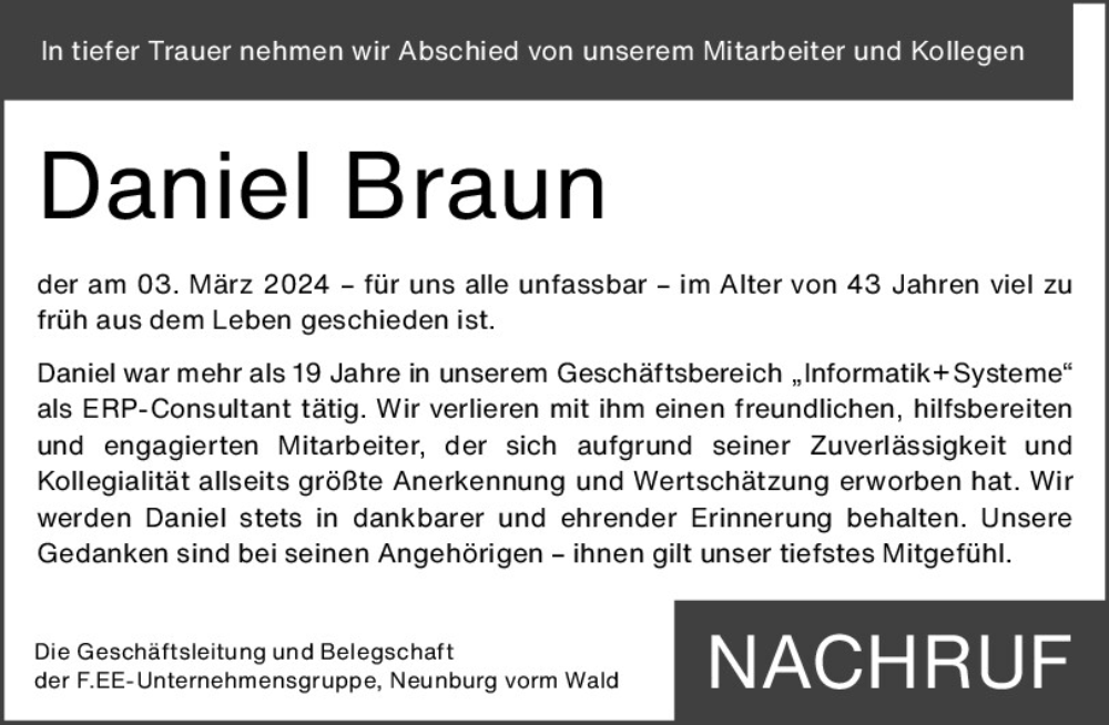  Traueranzeige für Daniel Braun vom 08.03.2024 aus Bayerwald Echo