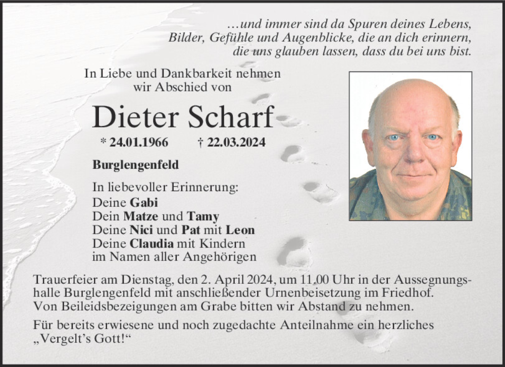  Traueranzeige für Dieter Scharf vom 25.03.2024 aus Mittelbayerische Zeitung Schwandorf