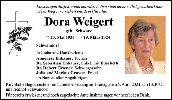 Traueranzeige von Dora Weigert von Mittelbayerische Zeitung Schwandorf