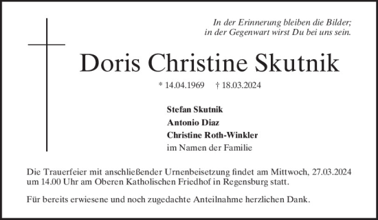 Traueranzeige von Doris Christine Skutnik von Mittelbayerische Zeitung Regensburg