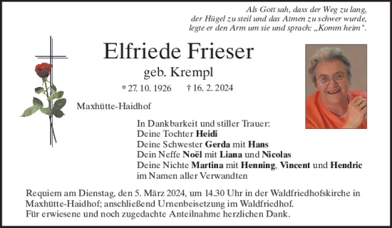 Traueranzeige von Elfriede Frieser von Mittelbayerische Zeitung Schwandorf