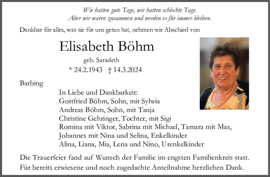 Traueranzeige von Elisabeth Böhm von Mittelbayerische Zeitung Regensburg