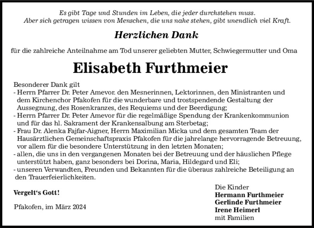  Traueranzeige für Elisabeth Furthmeier vom 09.03.2024 aus Mittelbayerische Zeitung Regensburg
