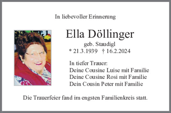 Traueranzeige von Ella Döllinger von Mittelbayerische Zeitung Regensburg