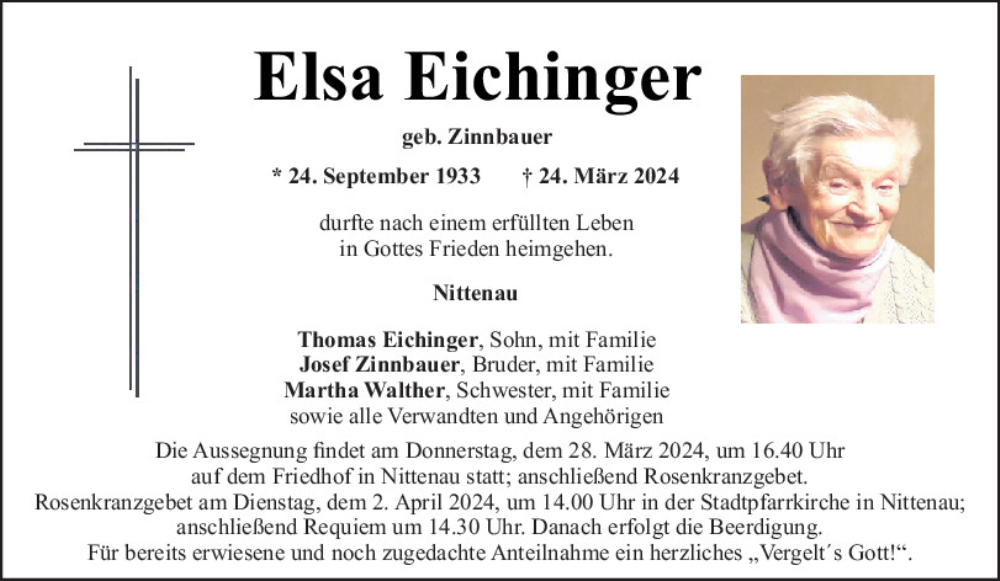  Traueranzeige für Elsa Eichinger vom 28.03.2024 aus Mittelbayerische Zeitung Schwandorf
