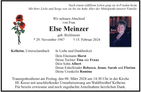 Traueranzeige von Else Meinzer von Mittelbayerische Zeitung Kelheim