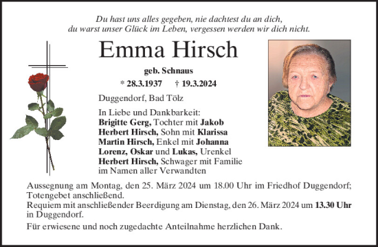 Traueranzeige von Emma Hirsch von Mittelbayerische Zeitung Regensburg