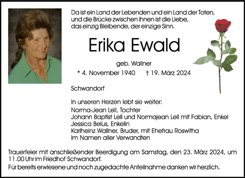  Traueranzeige für Erika Ewald vom 21.03.2024 aus Mittelbayerische Zeitung Schwandorf