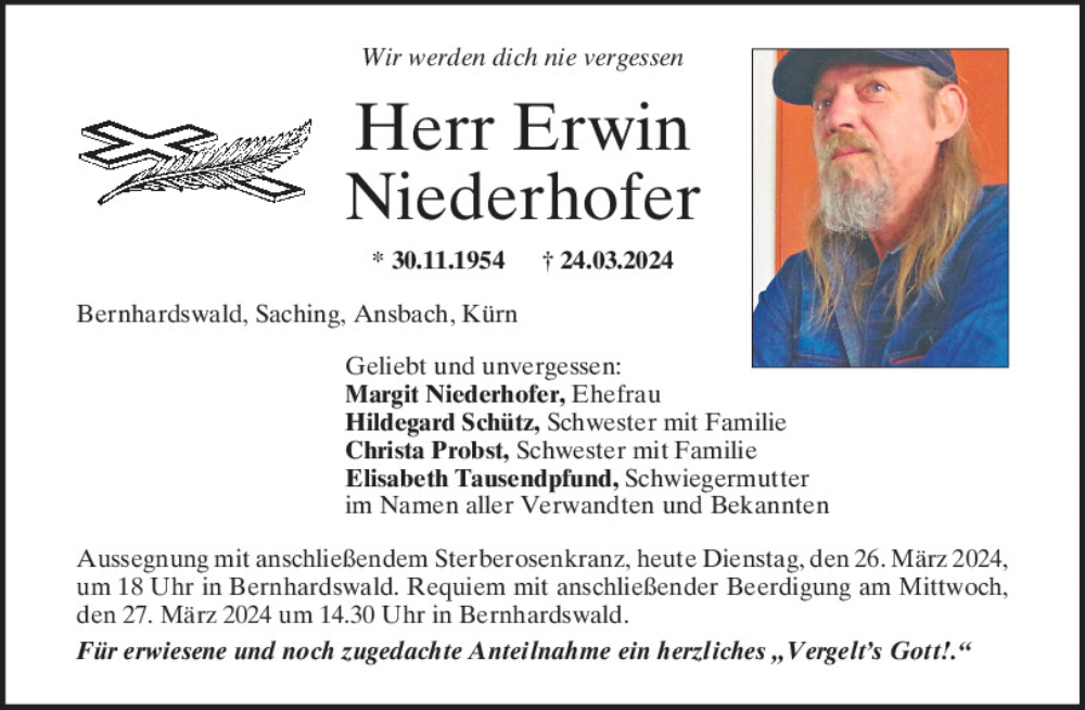  Traueranzeige für Erwin Niederhofer vom 26.03.2024 aus Mittelbayerische Zeitung Regensburg