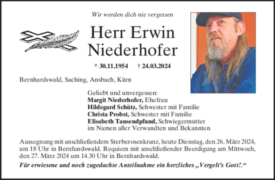 Traueranzeige von Erwin Niederhofer von Mittelbayerische Zeitung Regensburg
