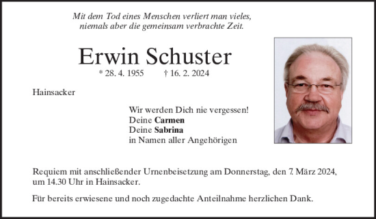 Traueranzeige von Erwin Schuster von Mittelbayerische Zeitung Regensburg