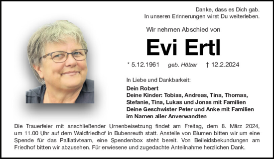 Traueranzeige von Evi Ertl von Mittelbayerische Zeitung Kelheim