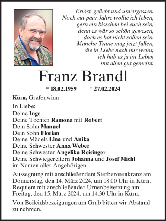 Traueranzeige von Franz Brandl von Mittelbayerische Zeitung Regensburg