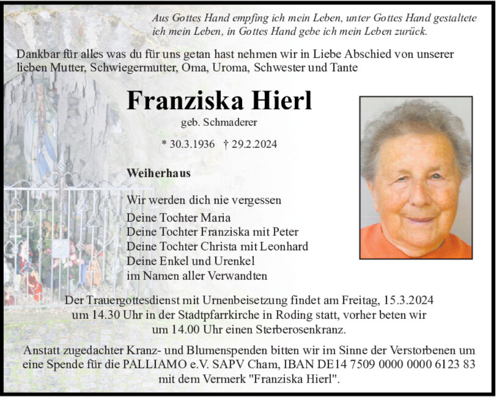  Traueranzeige für Franziska Hierl vom 13.03.2024 aus Bayerwald Echo