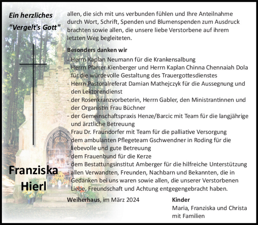  Traueranzeige für Franziska Hierl vom 25.03.2024 aus Bayerwald Echo