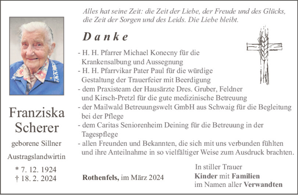  Traueranzeige für Franziska Scherer vom 09.03.2024 aus Neumarkter Tagblatt