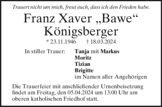 Traueranzeige von Franz Xaver Königsberger von Mittelbayerische Zeitung Regensburg