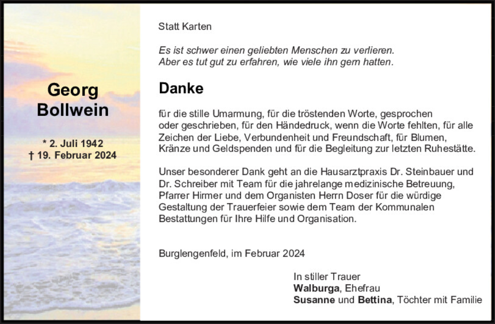  Traueranzeige für Georg Bollwein vom 09.03.2024 aus Mittelbayerische Zeitung Schwandorf
