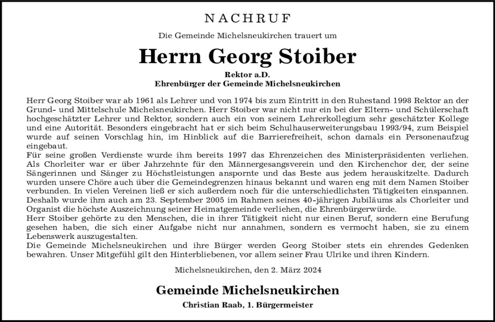  Traueranzeige für Georg Stoiber vom 02.03.2024 aus Bayerwald Echo
