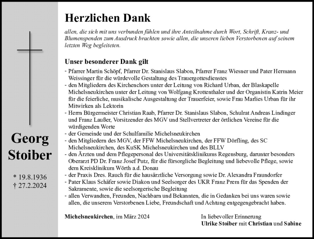  Traueranzeige für Georg Stoiber vom 09.03.2024 aus Bayerwald Echo