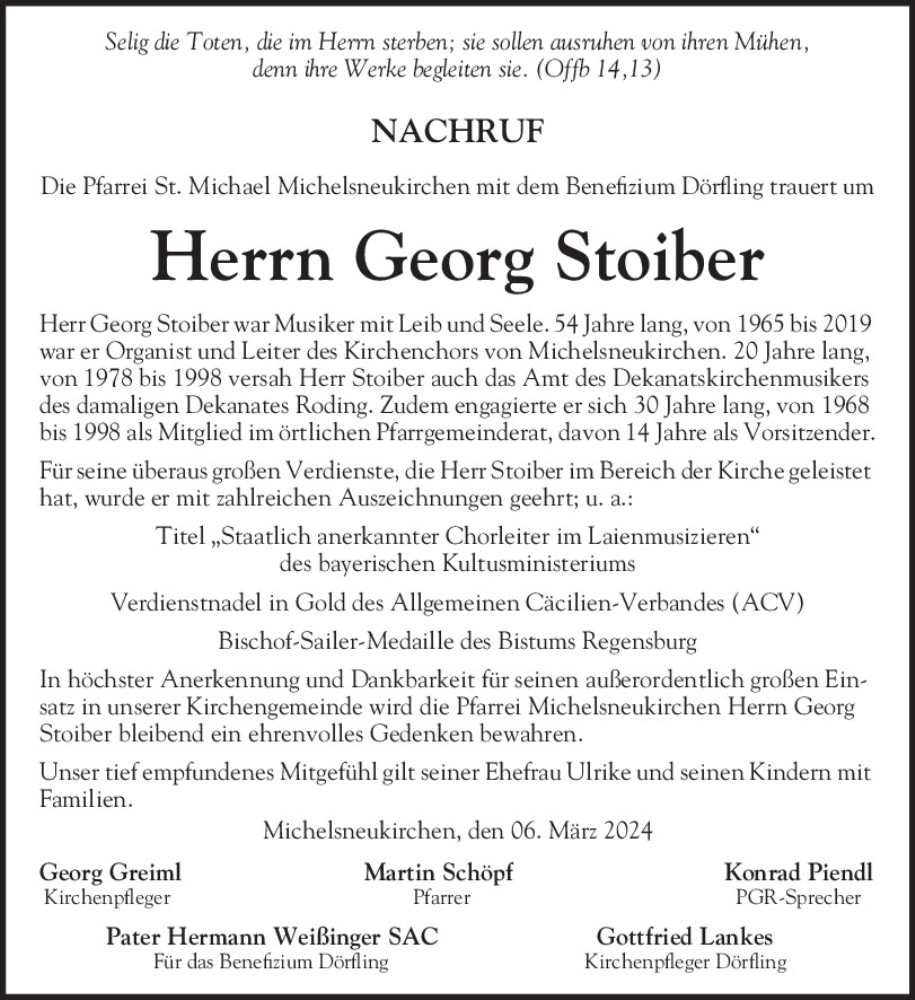 Traueranzeige für Georg Stoiber vom 06.03.2024 aus Bayerwald Echo