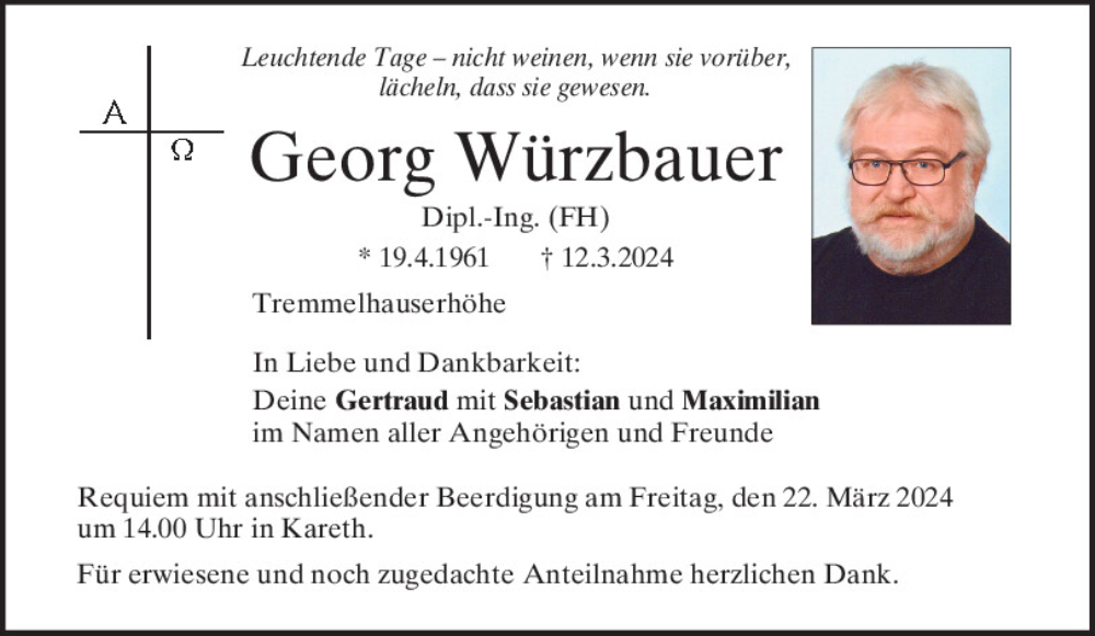 Traueranzeige für Georg Würzbauer vom 16.03.2024 aus Mittelbayerische Zeitung Regensburg