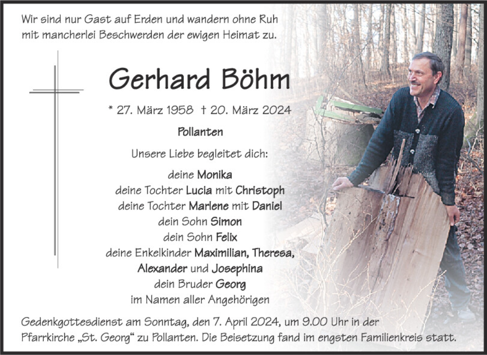  Traueranzeige für Gerhard Böhm vom 27.03.2024 aus Neumarkter Tagblatt