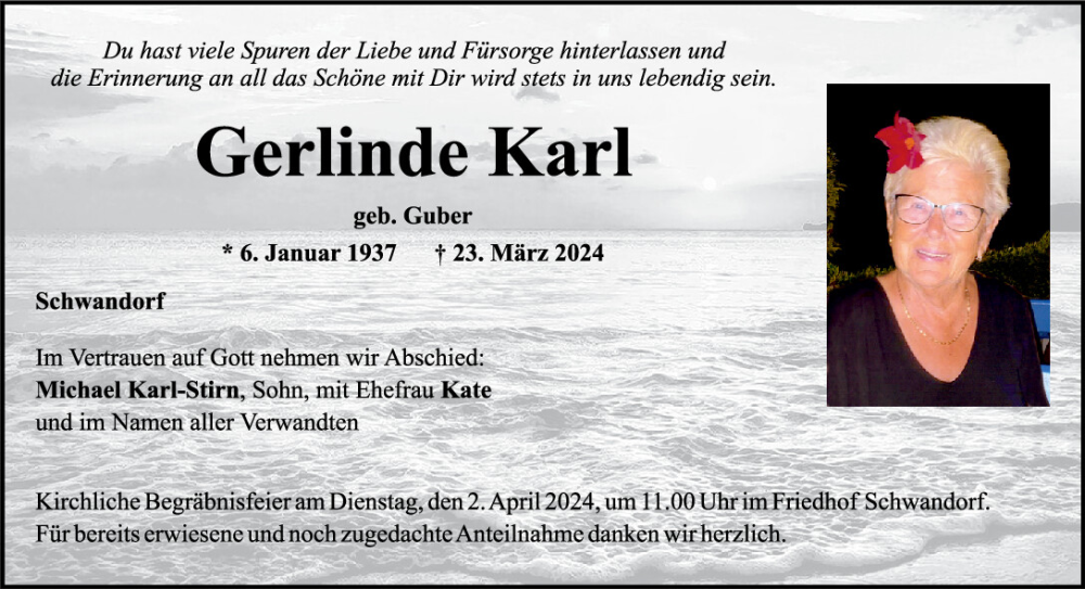  Traueranzeige für Gerlinde Karl vom 28.03.2024 aus Mittelbayerische Zeitung Schwandorf