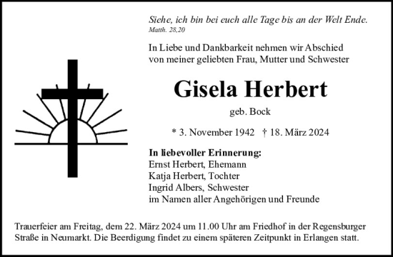 Traueranzeige von Gisela Herbert von Neumarkter Tagblatt