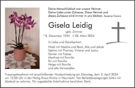 Traueranzeige von Gisela Leidig von Neumarkter Tagblatt