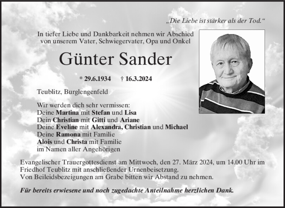  Traueranzeige für Günter Sander vom 23.03.2024 aus Mittelbayerische Zeitung Schwandorf