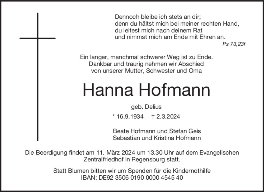  Traueranzeige für Hanna Hofmann vom 09.03.2024 aus Mittelbayerische Zeitung Regensburg