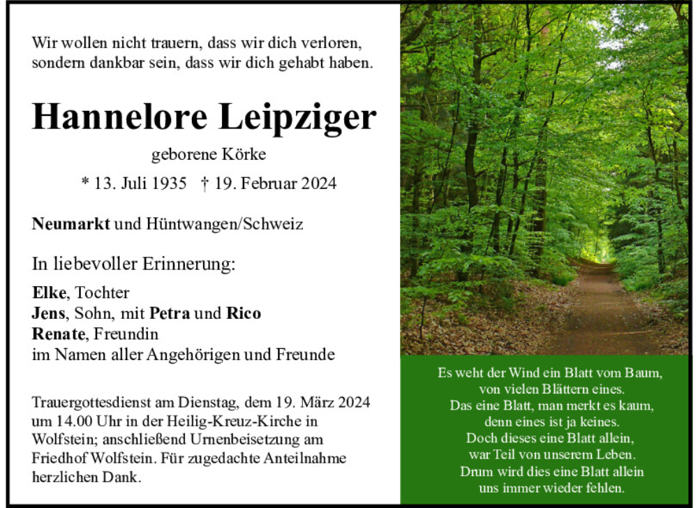  Traueranzeige für Hannelore Leipziger vom 13.03.2024 aus Neumarkter Tagblatt