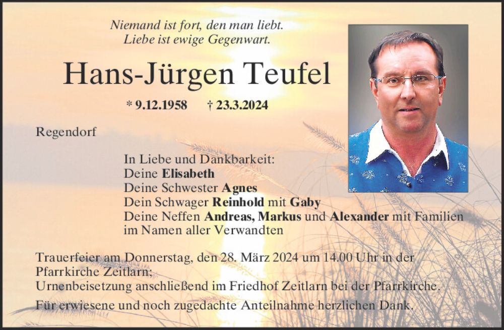  Traueranzeige für Hans-Jürgen Teufel vom 27.03.2024 aus Mittelbayerische Zeitung Regensburg