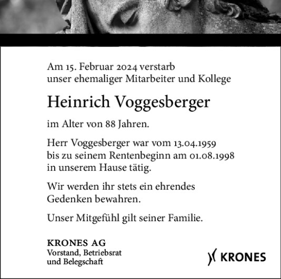 Traueranzeige von Heinrich Voggesberger von Mittelbayerische Zeitung Regensburg