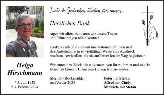 Traueranzeige von Helga Hirschmann von Neumarkter Tagblatt