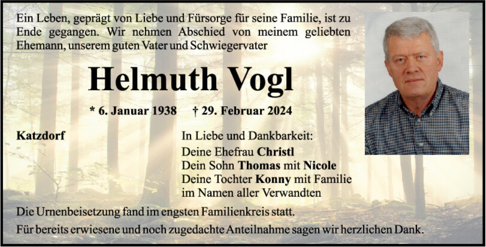  Traueranzeige für Helmuth Vogl vom 09.03.2024 aus Mittelbayerische Zeitung Schwandorf