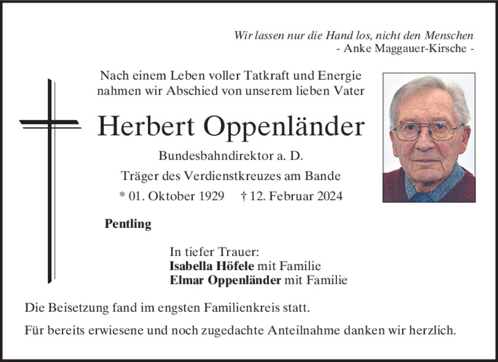  Traueranzeige für Herbert Oppenländer vom 02.03.2024 aus Mittelbayerische Zeitung Kelheim