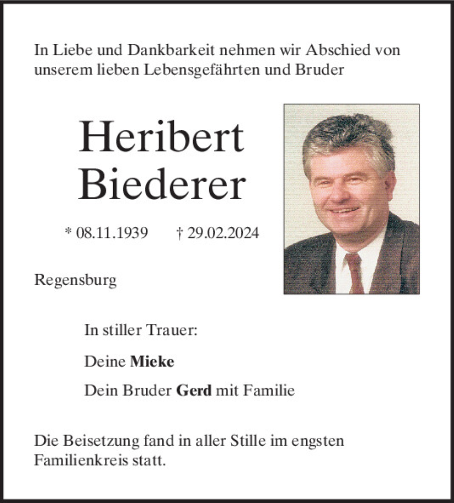  Traueranzeige für Heribert Biederer vom 16.03.2024 aus Mittelbayerische Zeitung Regensburg