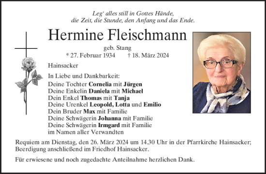 Traueranzeige von Hermine Fleischmann von Mittelbayerische Zeitung Regensburg