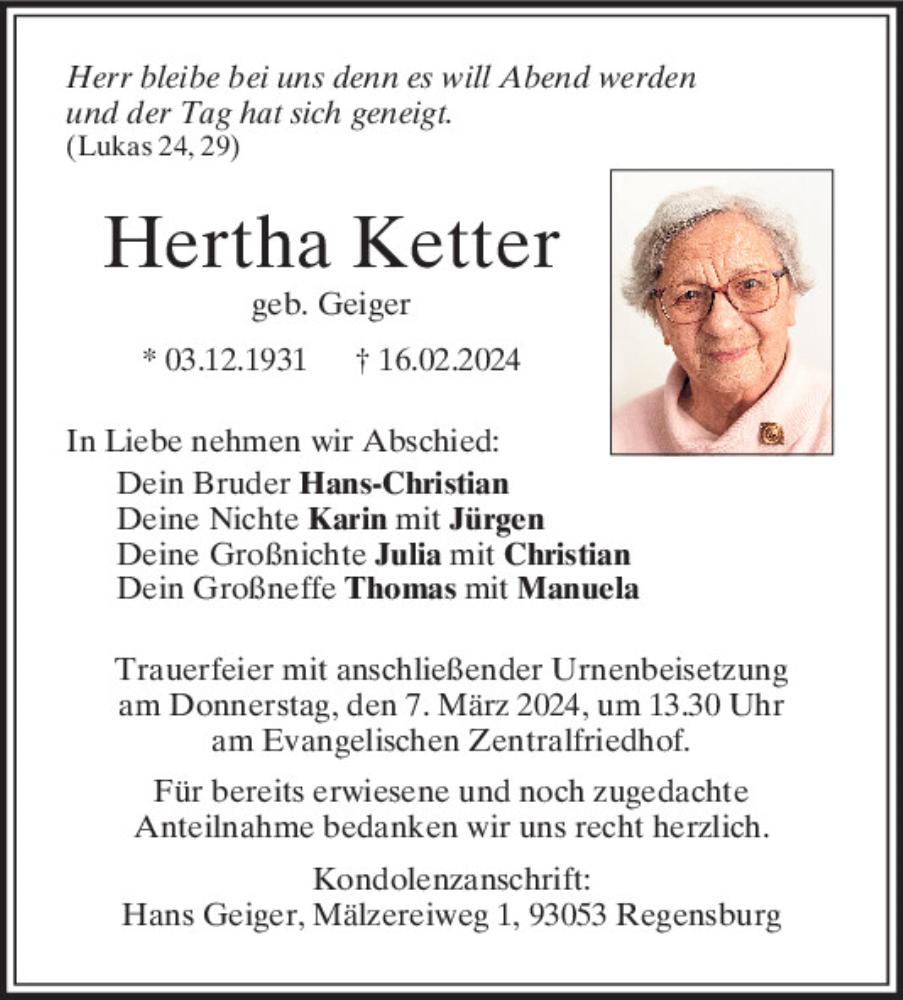  Traueranzeige für Hertha Ketter vom 02.03.2024 aus Mittelbayerische Zeitung Regensburg