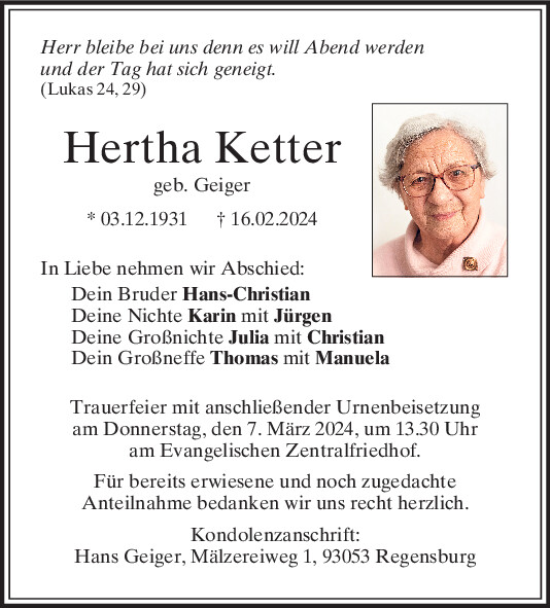 Traueranzeige von Hertha Ketter von Mittelbayerische Zeitung Regensburg