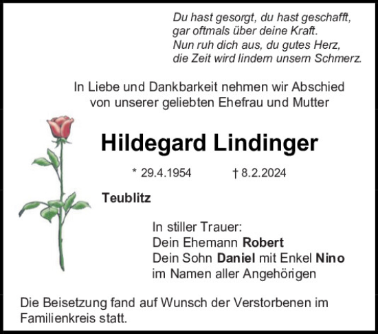 Traueranzeige von Hildegard Lindinger von Mittelbayerische Zeitung Schwandorf
