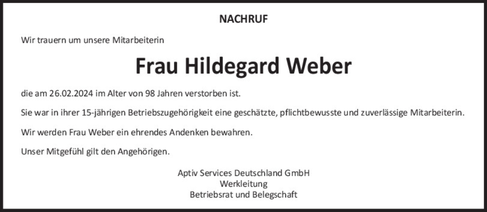  Traueranzeige für Hildegard Weber vom 13.03.2024 aus Mittelbayerische Zeitung Schwandorf