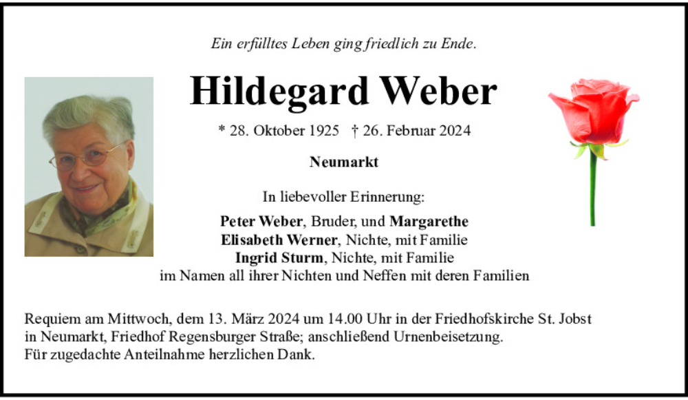  Traueranzeige für Hildegard Weber vom 09.03.2024 aus Neumarkter Tagblatt