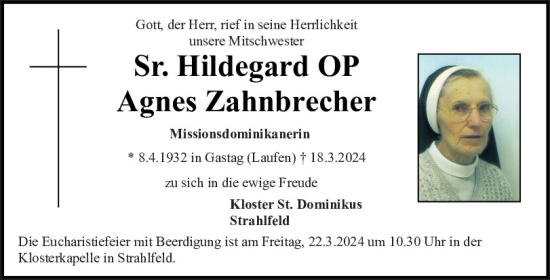 Traueranzeige von Hildegard Agnes Zahnbrecher von Bayerwald Echo