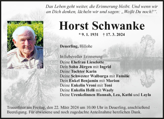Traueranzeige von Horst Schwanke von Mittelbayerische Zeitung Regensburg